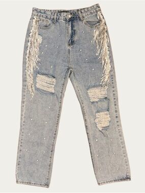 Shop Michele Light Wash Boyfriend Jeans with Silver Fringe & Rhinestones